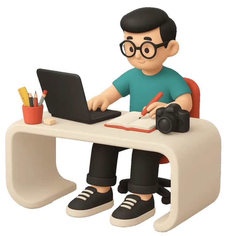 3D illustration of a man in a teal (#2A9D8F) shirt working at a curved white desk with a laptop, open notebook, stationery cup, and a DSLR camera